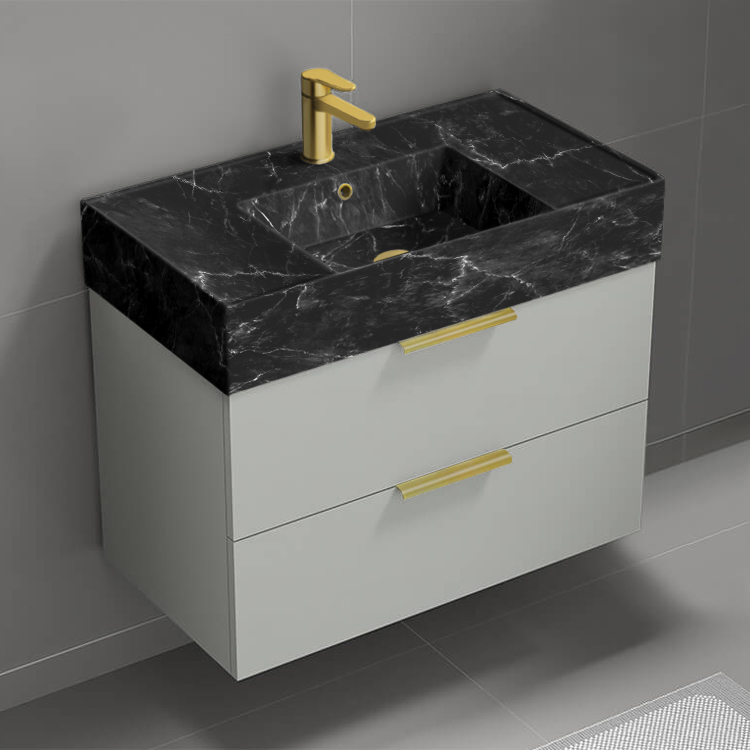 Nameeks DERIN879 Wall Mounted Bathroom Vanity With Black Marble Design Sink, Modern, 32 Inch, Grey Mist